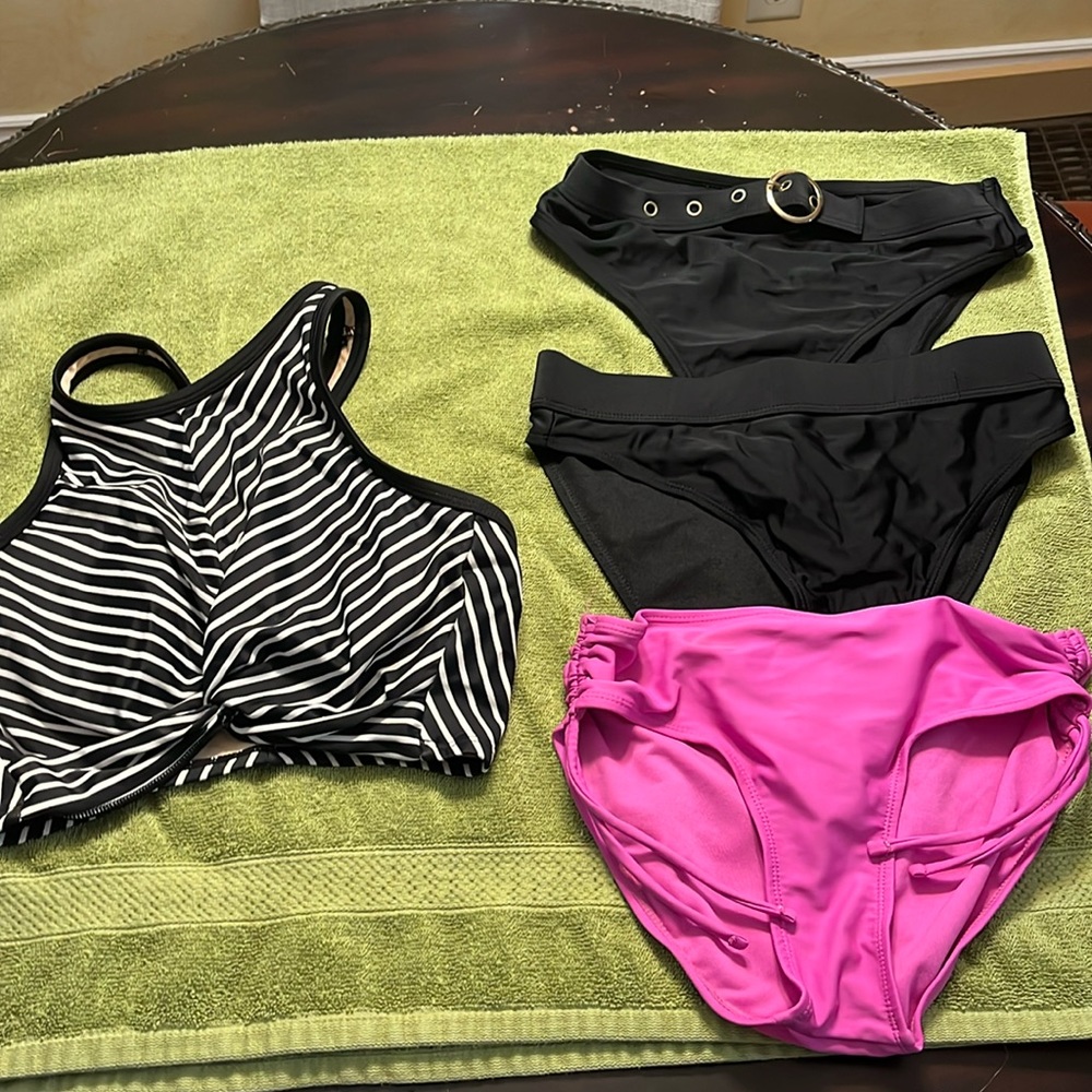 1 swim suit top with 3 bottoms. Different brands but all small.
